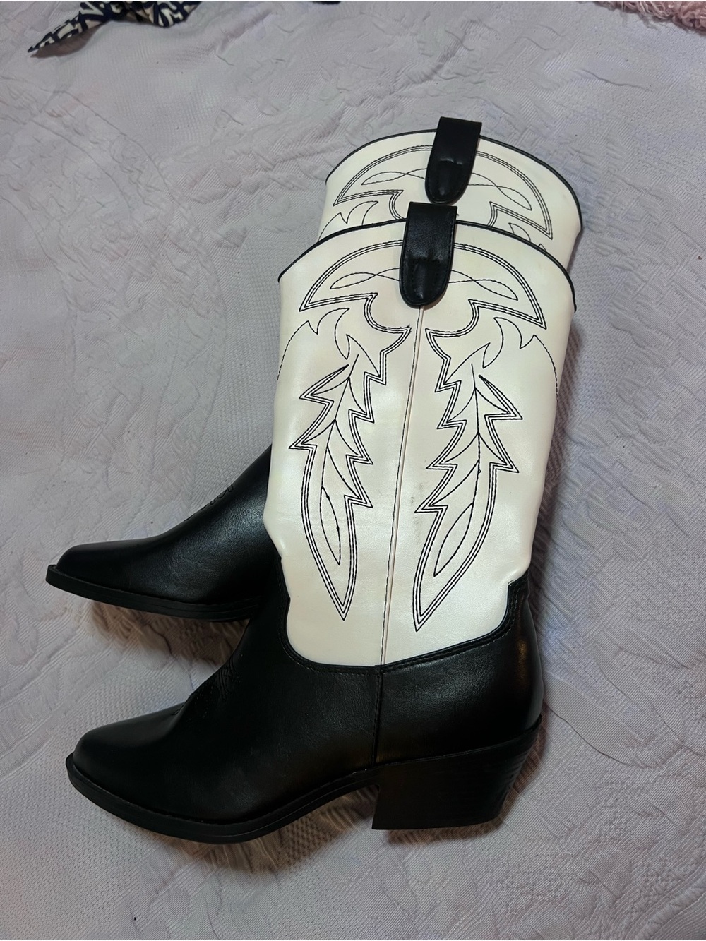 No Boundaries Black and White Western-Style Heeled Cowgirl Boots